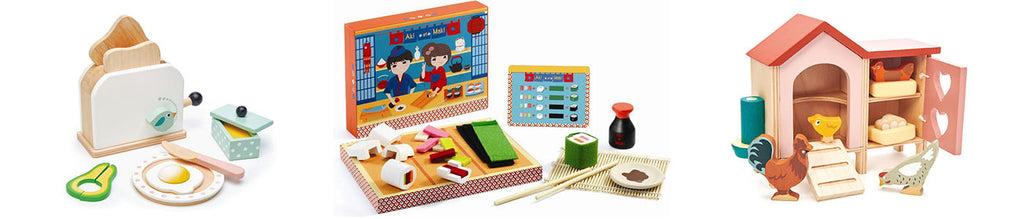 Toy toaster, sushi set, and chicken coop