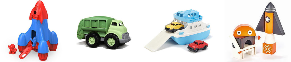 a collection of vehicle toys including rockets, boats, and trucks